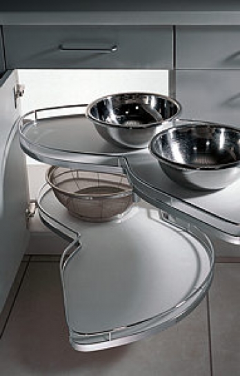 Le Mans corner storage shelves drawn out of a base cabinet
