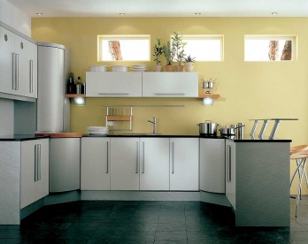 White gloss kitchen with wall units and open shelving